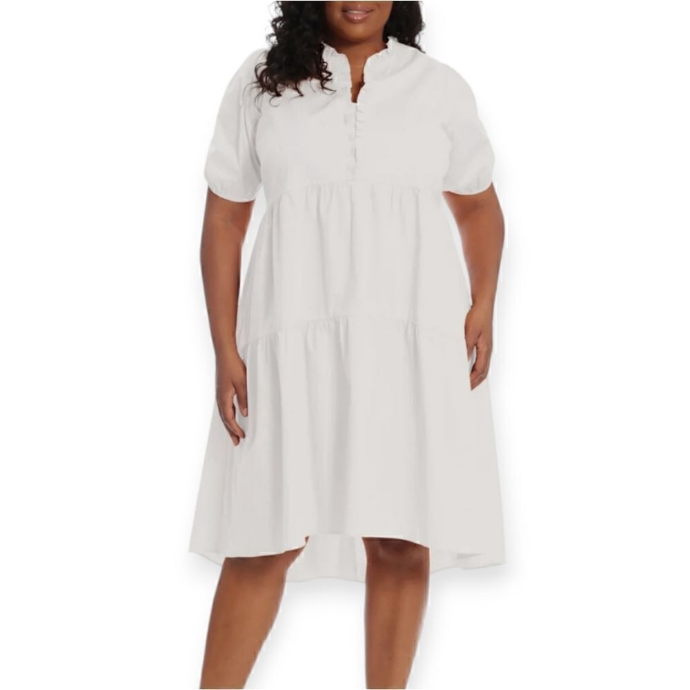 London Times womens short sleeve ruffle vneck tiered hi-low tent dress, 16W